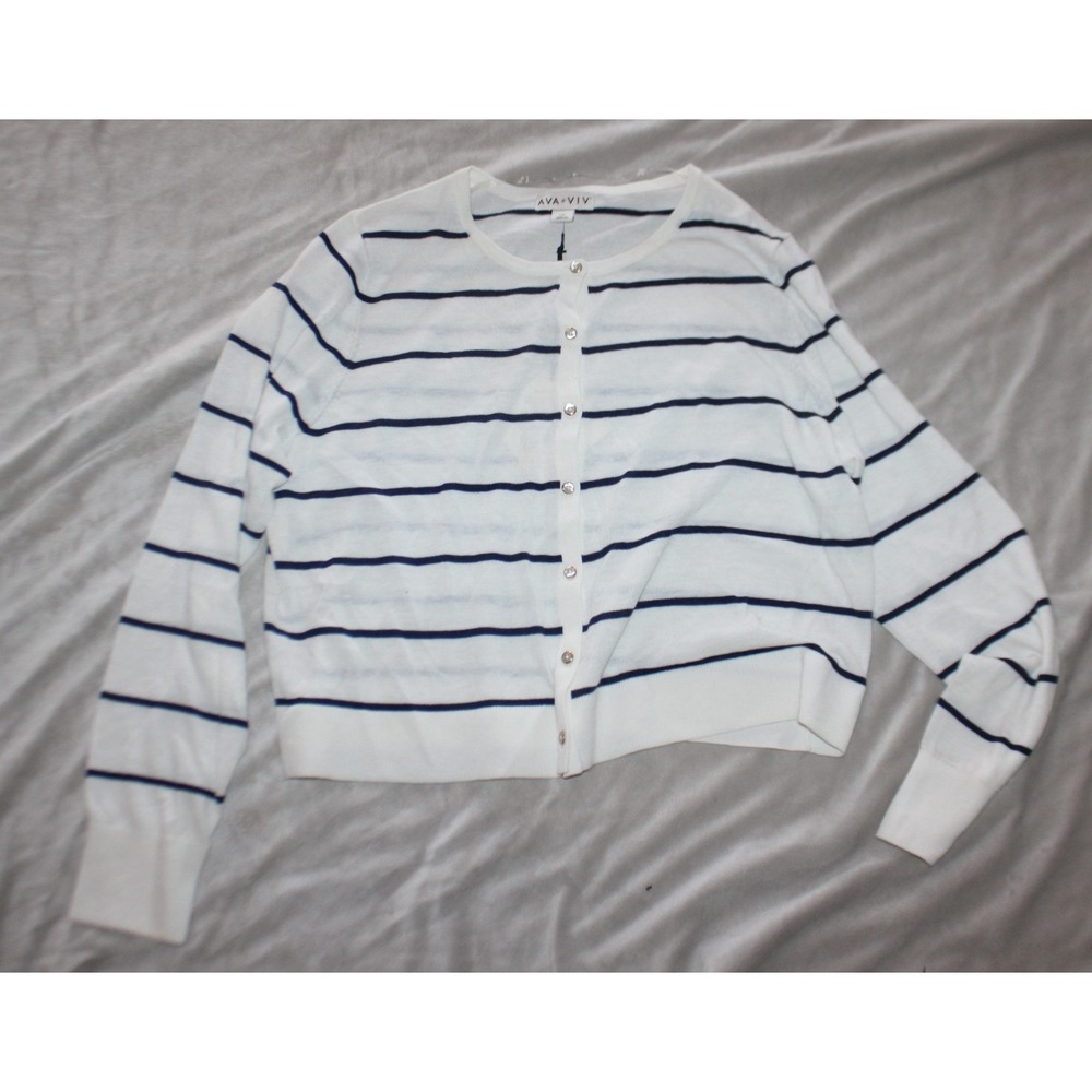Ava & Viv Cardigan Sweater Womens XXL 17 White Stripe Button Down Lightweight